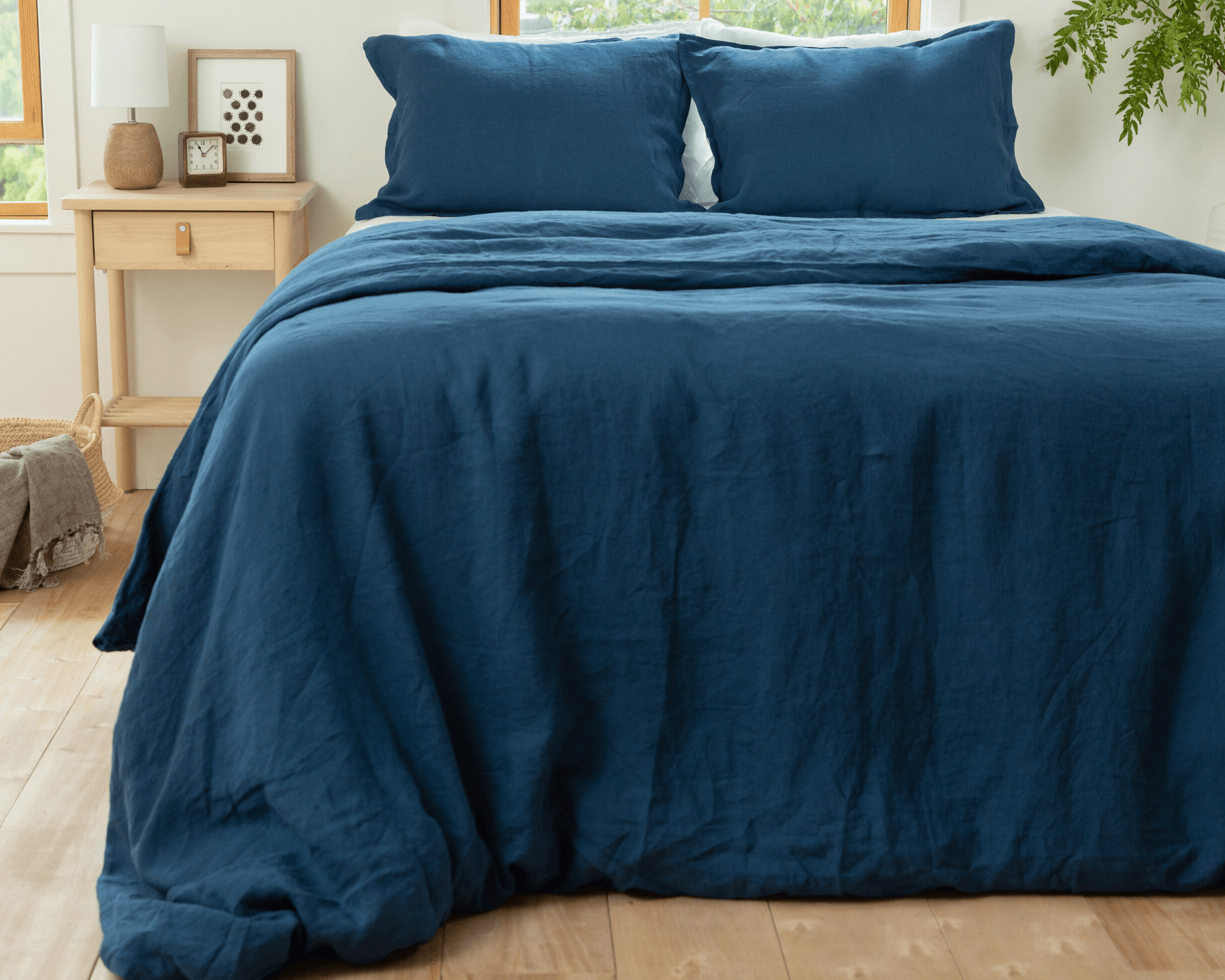Navy blue organic European linen duvet cover set with two matching pillowcases