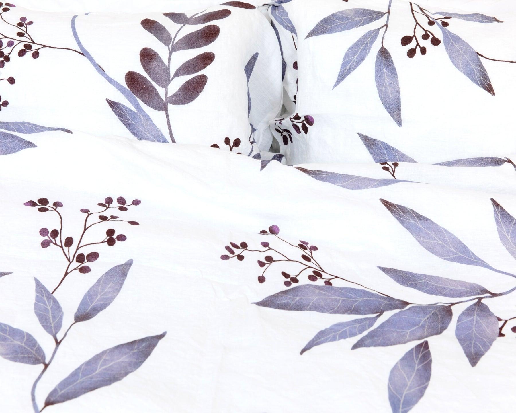 European organic linen duvet cover set in moderns Scandinavian design on white with purple leaves - Twin / Standard, Full/Queen / Standard, King/Cal-King / Standard, King/Cal-King / King