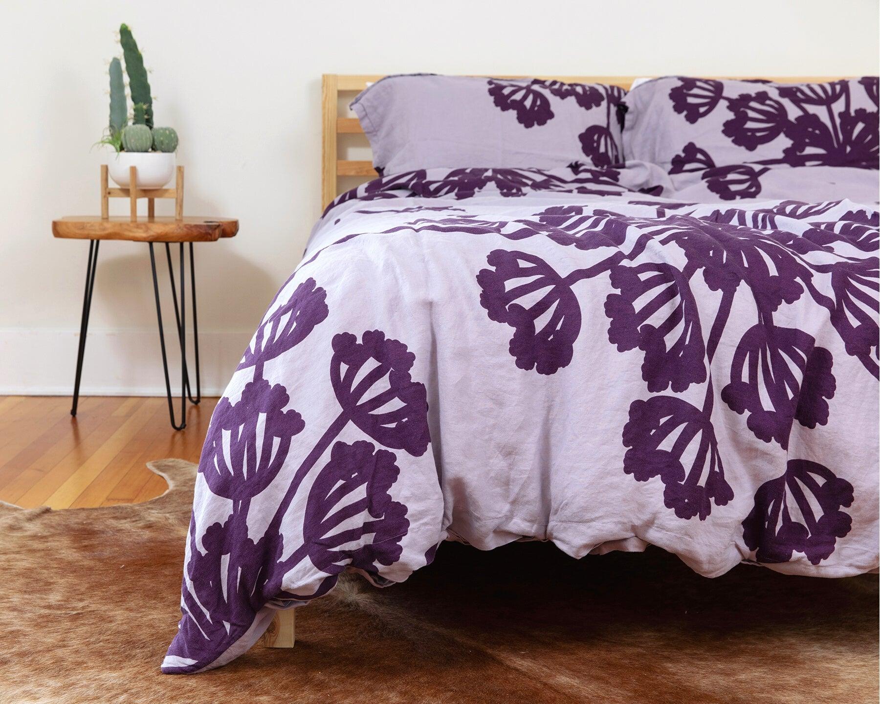Purple European organic linen duvet cover with two matching pillow cases with floral design