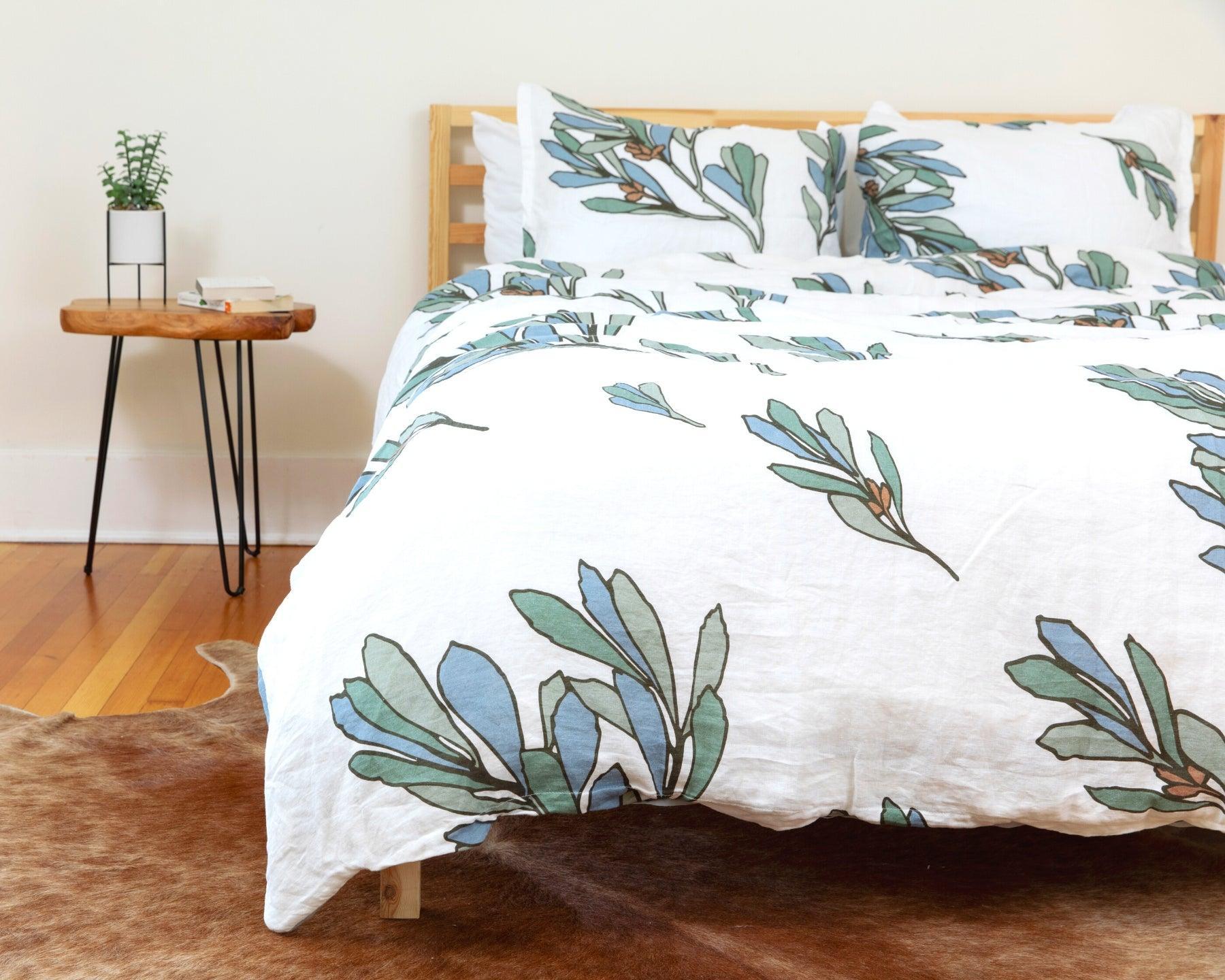Organic European linen duvet cover set with modern Scandinavian floral design - Twin w/ 1 Std. Pillowcase, Full/Queen w/ 2 Std. Pillowcases, King/Cal-King w/ 2 Std. Pillowcases, King/Cal-King w/ 2 King Pillowcases