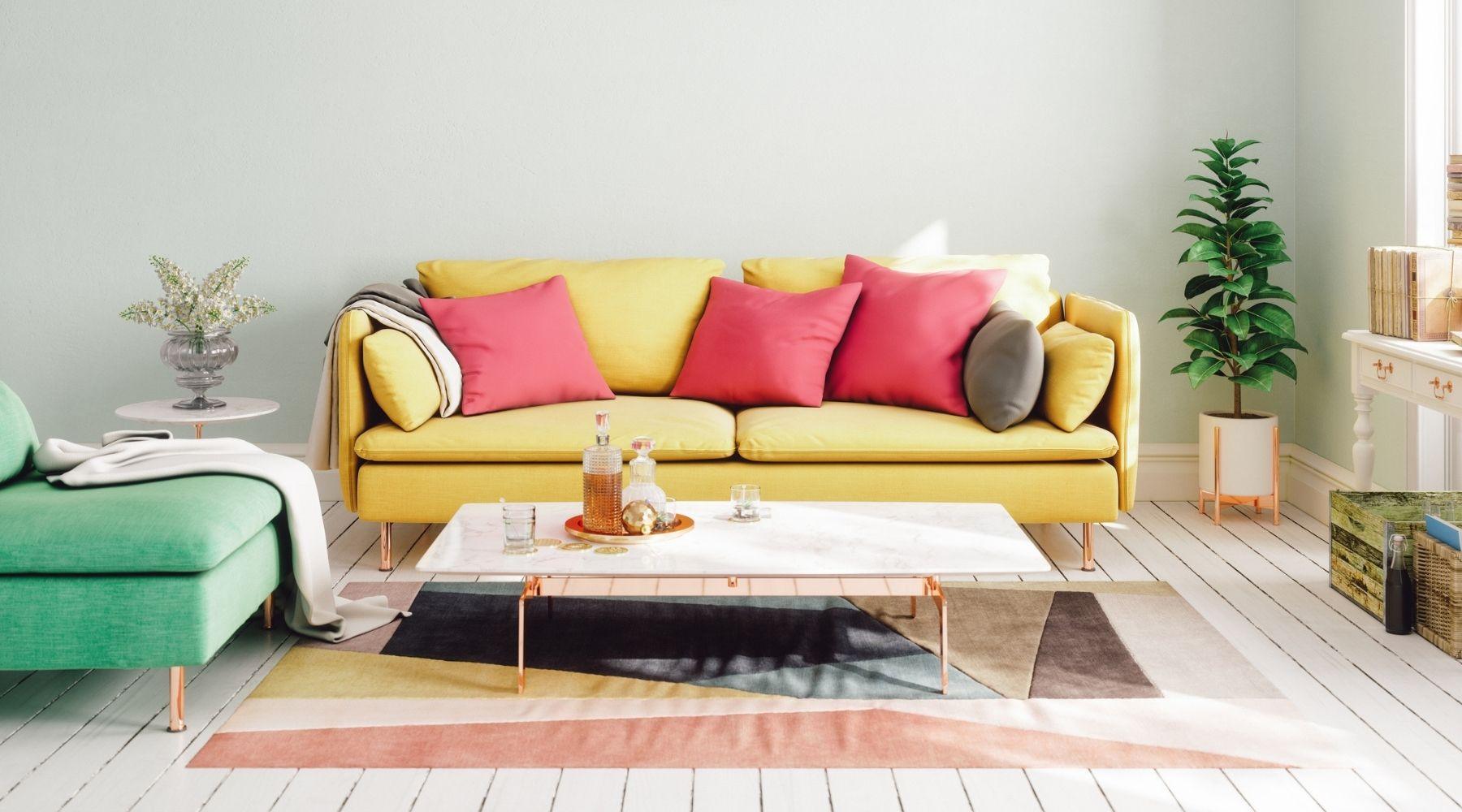 Scandinavian style living room with colorful sofa and accent pillows