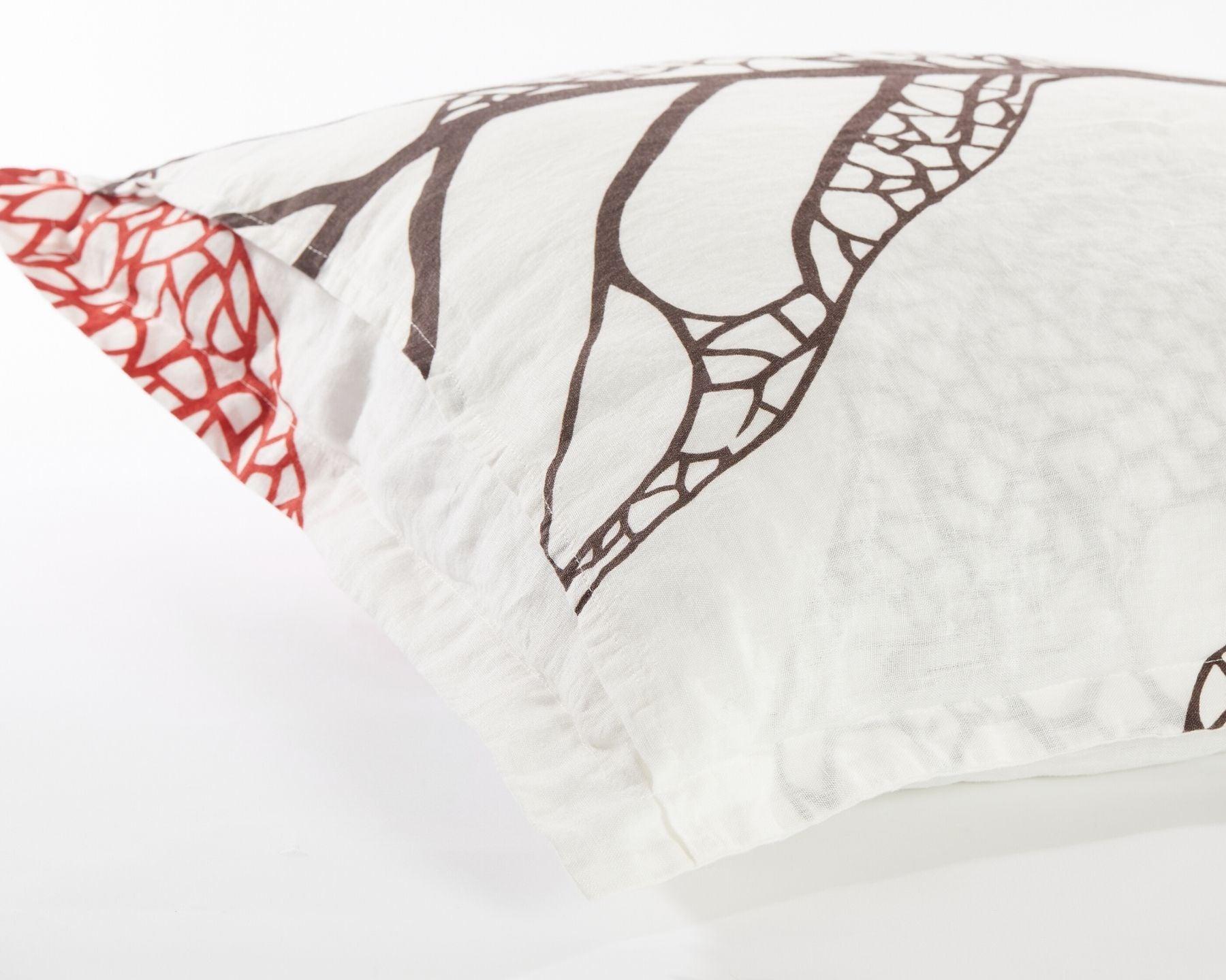 White organic European linen pillowcases with modern leaves design - Standard/King