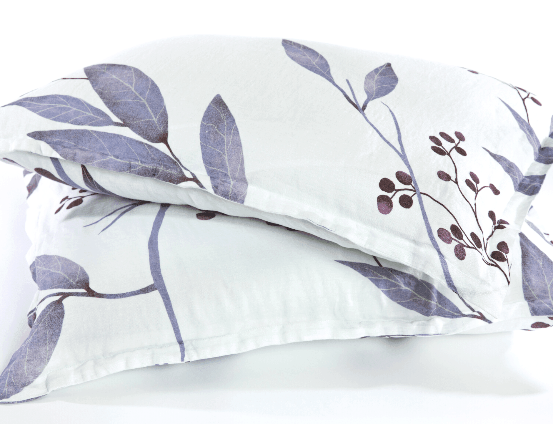 European organic linen duvet cover set in moderns Scandinavian design on white with purple leaves - Twin / Standard, Full/Queen / Standard, King/Cal-King / Standard, King/Cal-King / King