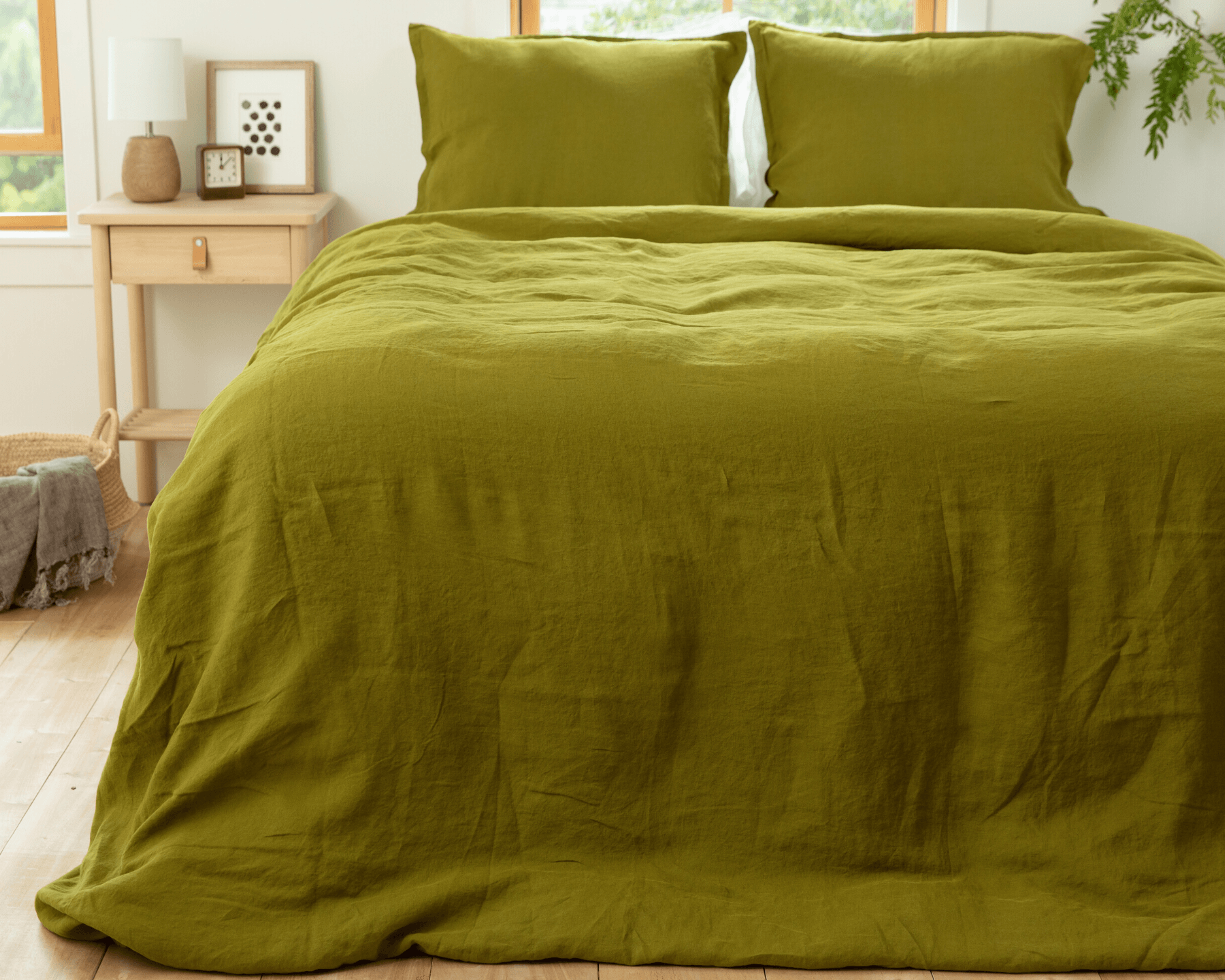 Olive green organic European linen duvet cover set with two matching pillowcases