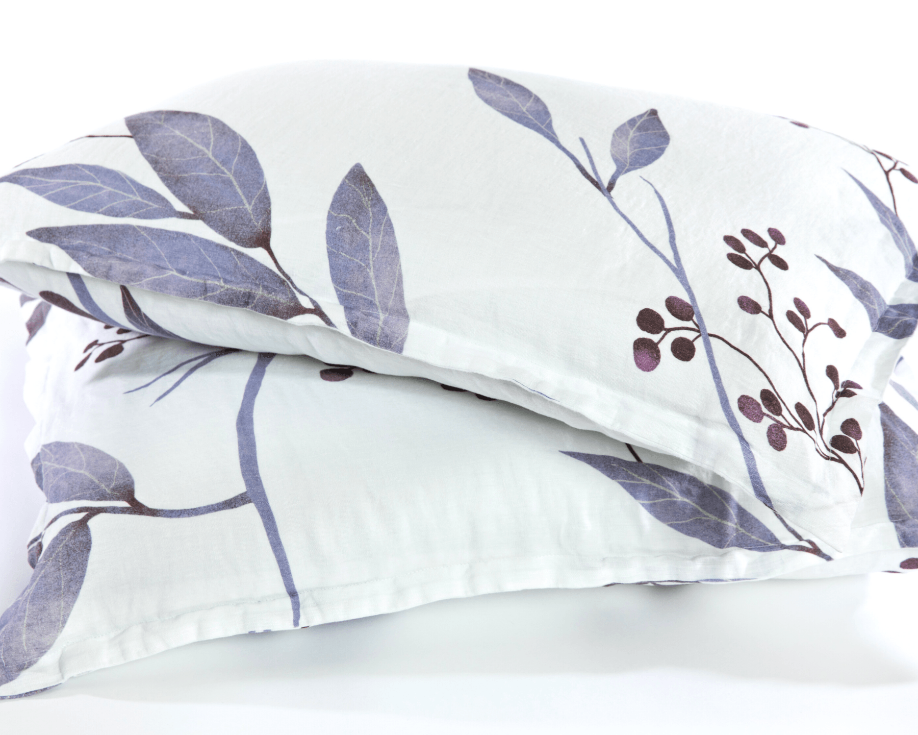 Organic European linen pillowcases with blue leaves design