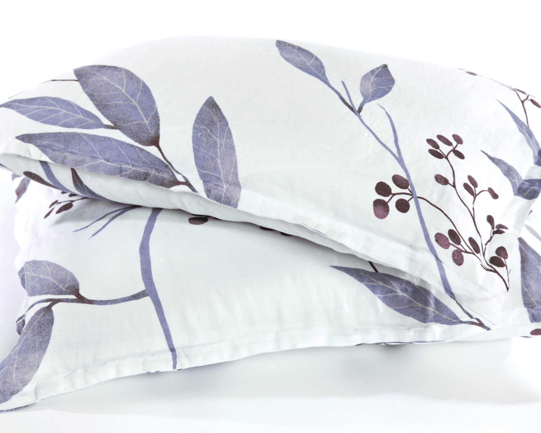 Organic European linen pillowcases with blue leaves design