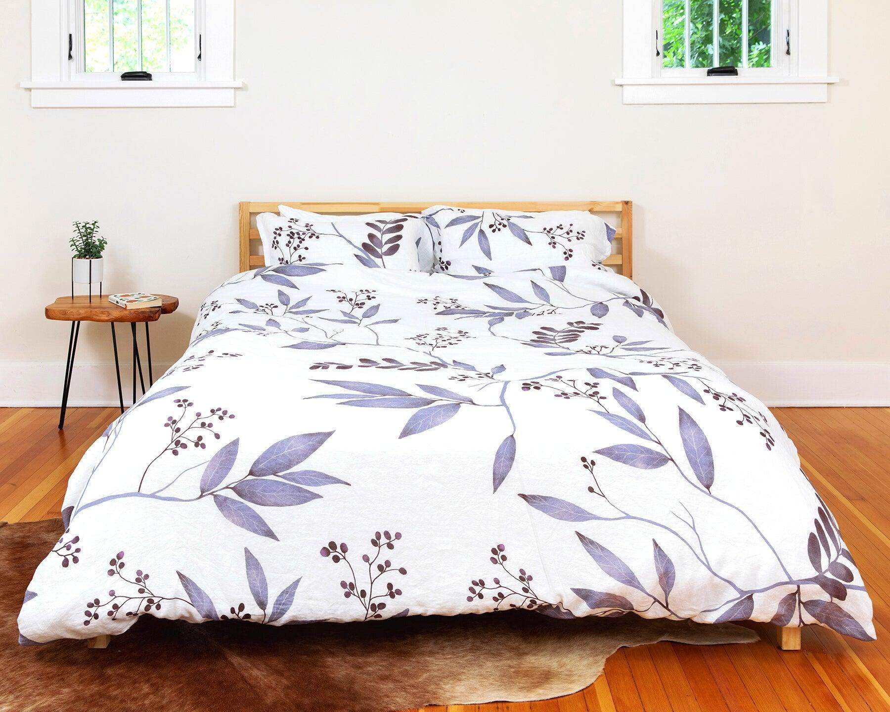 European organic linen duvet cover set in moderns Scandinavian design on white with purple leaves - Twin / Standard, Full/Queen / Standard, King/Cal-King / Standard, King/Cal-King / King