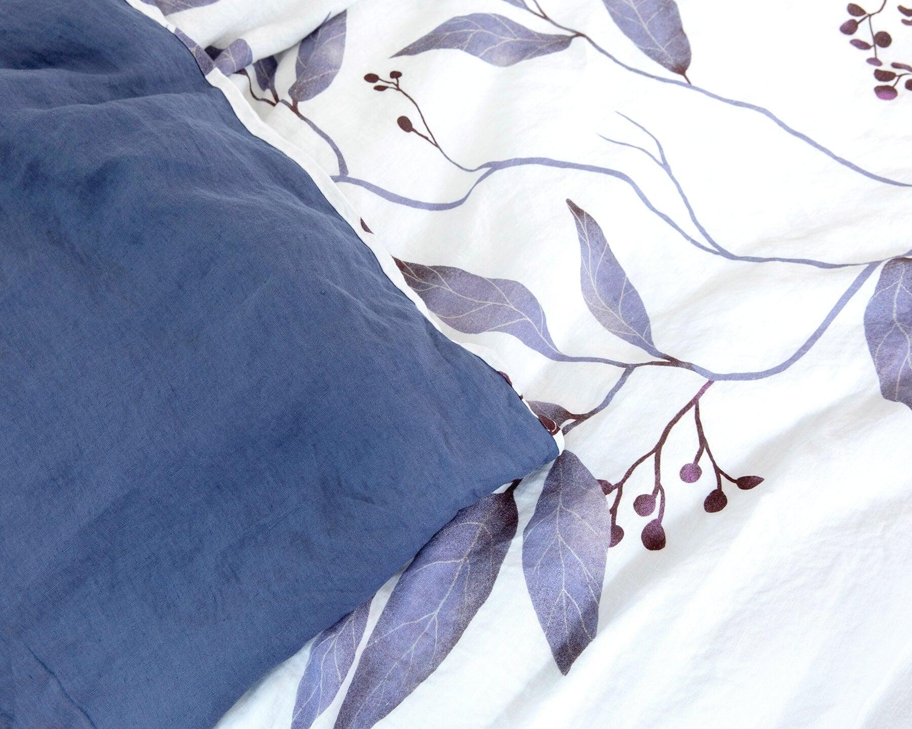 European organic linen duvet cover set in moderns Scandinavian design on white with purple leaves - Twin / Standard, Full/Queen / Standard, King/Cal-King / Standard, King/Cal-King / King