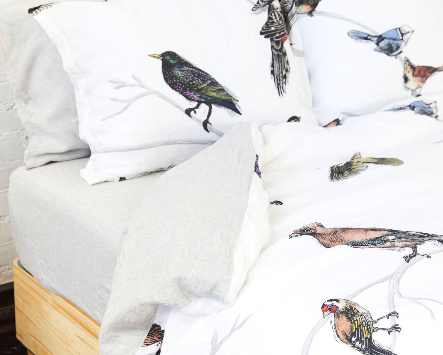 Organic european linen duvet cover set with Scandinavian birds design and chambray grey backside - Twin / Standard, Full/Queen / Standard, King/Cal-King / Standard, King/Cal-King / King