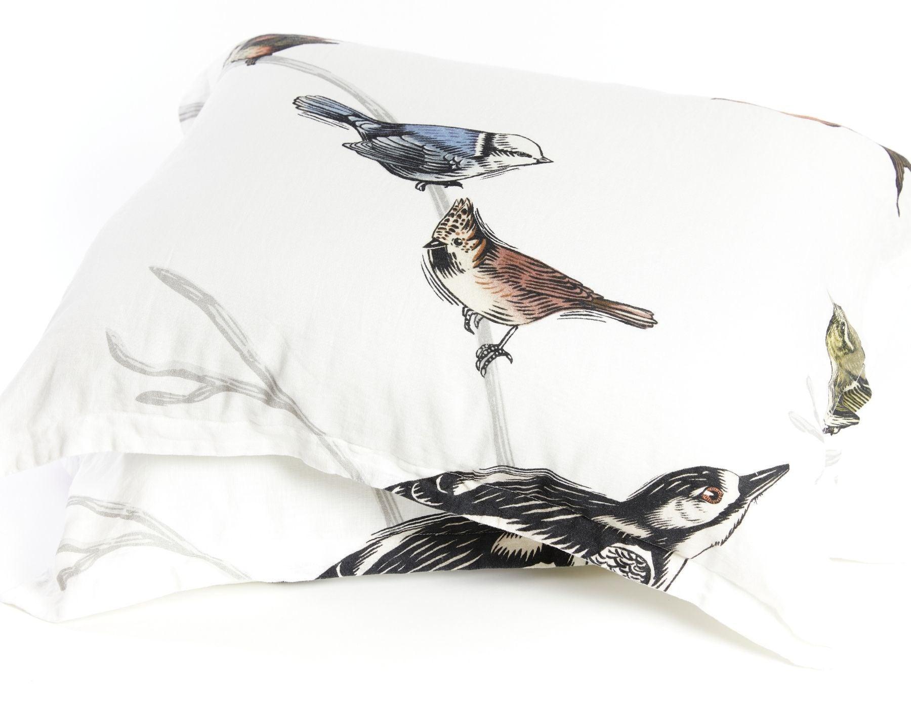 Organic European flax linen pillowcases with Scandinavian birds - Standard/King