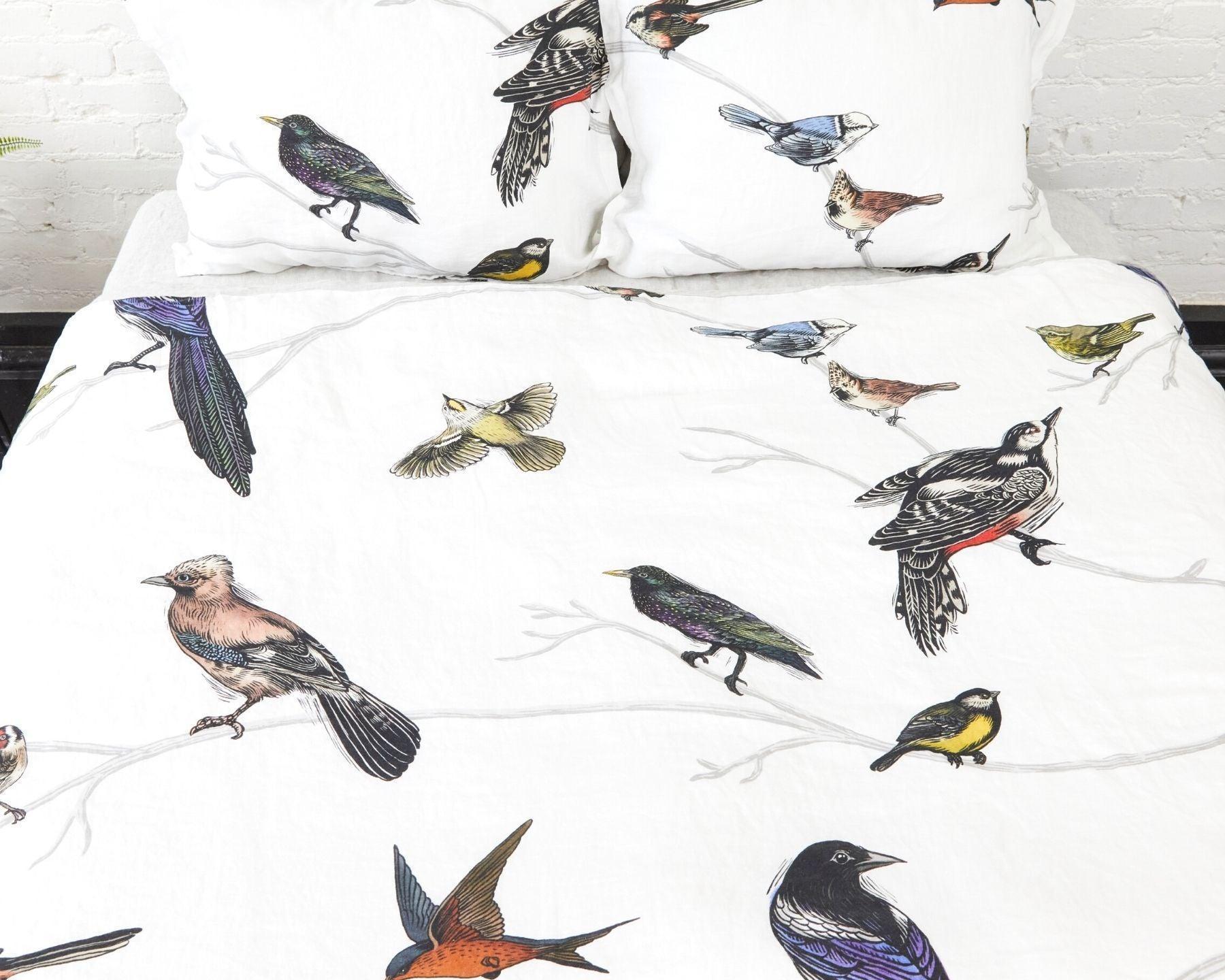 Organic european linen duvet cover set with Scandinavian birds design and chambray grey backside - Twin / Standard, Full/Queen / Standard, King/Cal-King / Standard, King/Cal-King / King