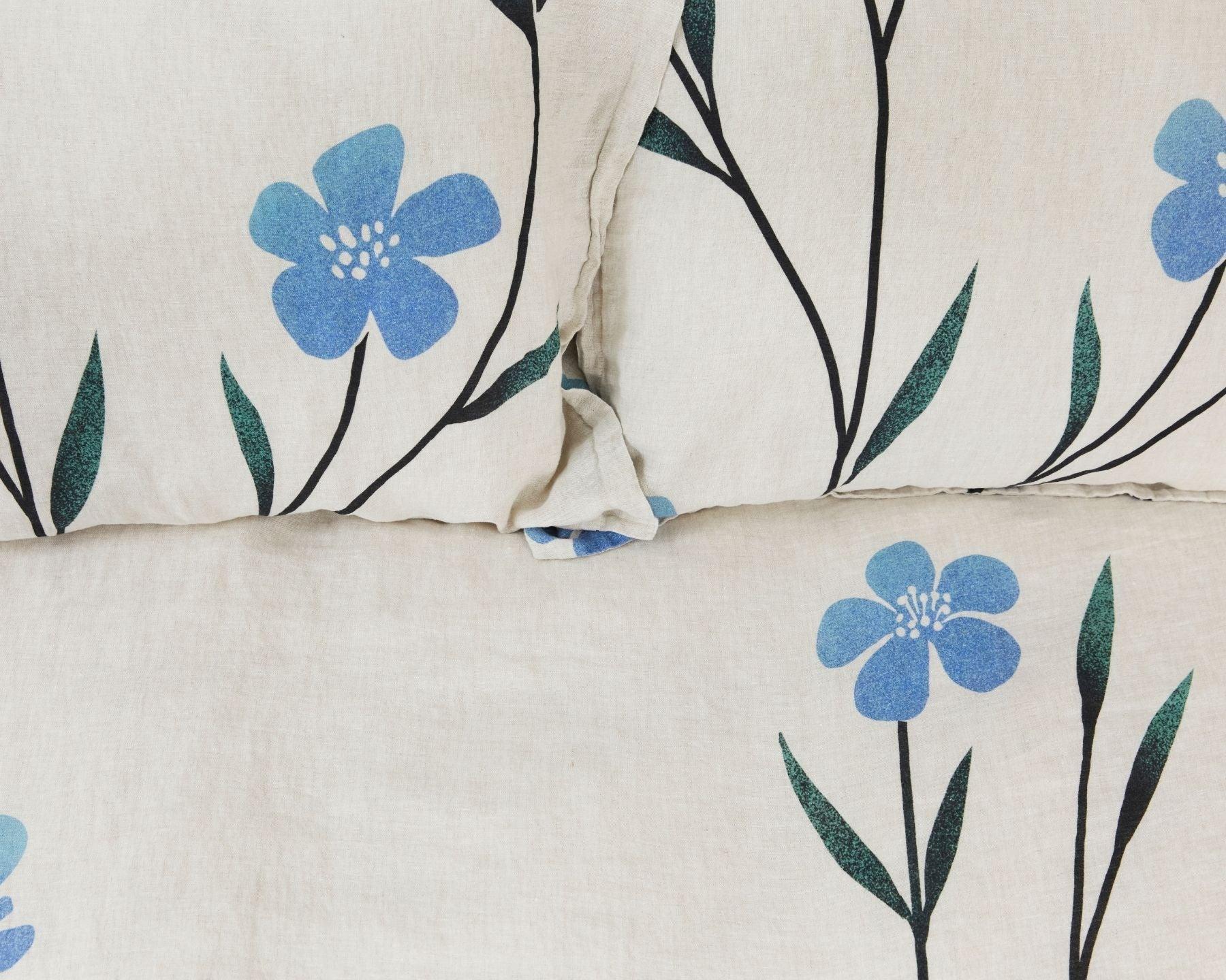 Organic European linen duvet cover on natural flax linen with Scandinavian floral design featuring blue flowers - Twin / Standard, Full/Queen / Standard, King/Cal-King / Standard, King/Cal-King / King