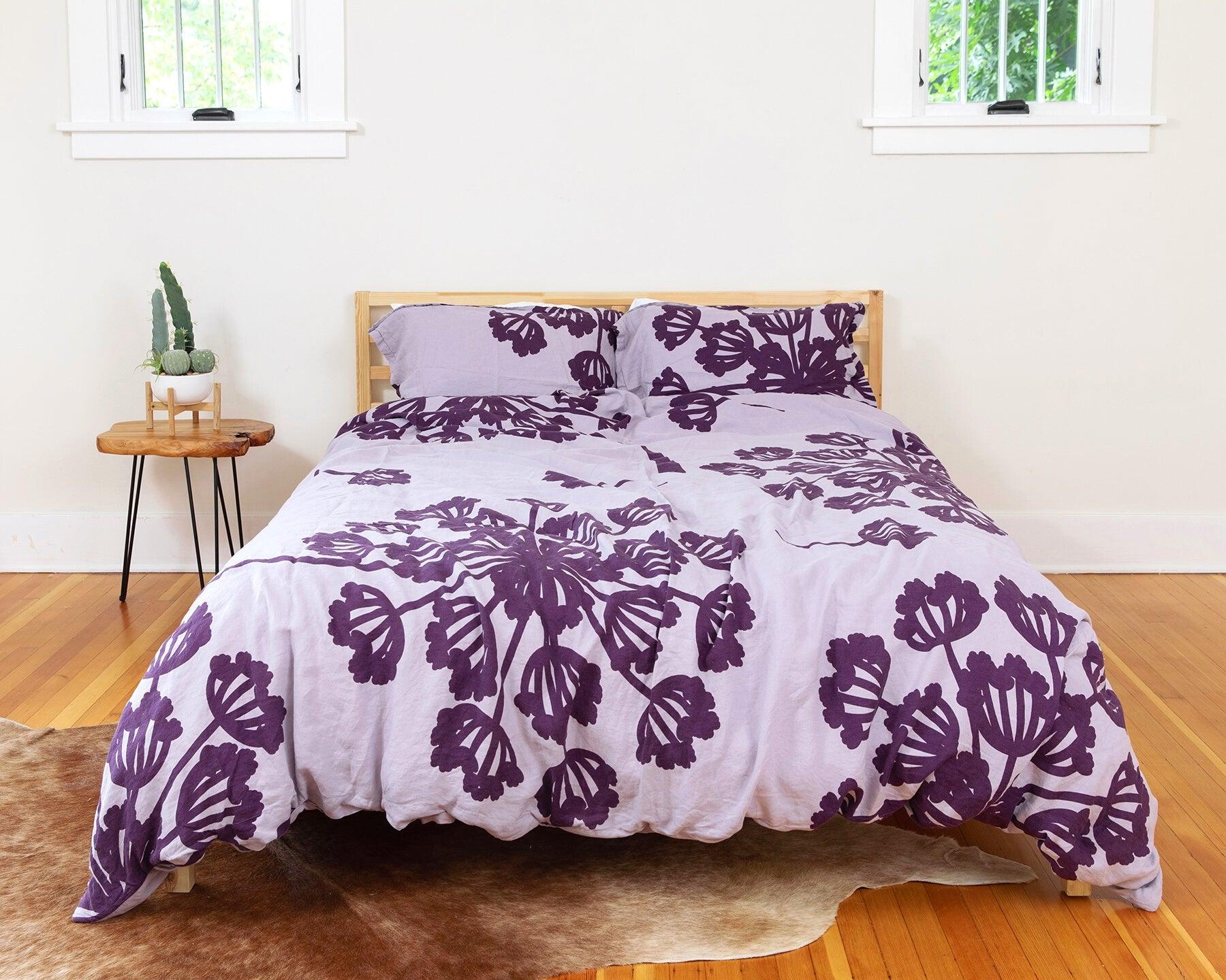 Purple organic European linen duvet cover set with two matching pillow cases in modern Scandinavian floral design - Twin / Standard, Full/Queen / Standard, King/Cal-King / Standard, King/Cal-King / King