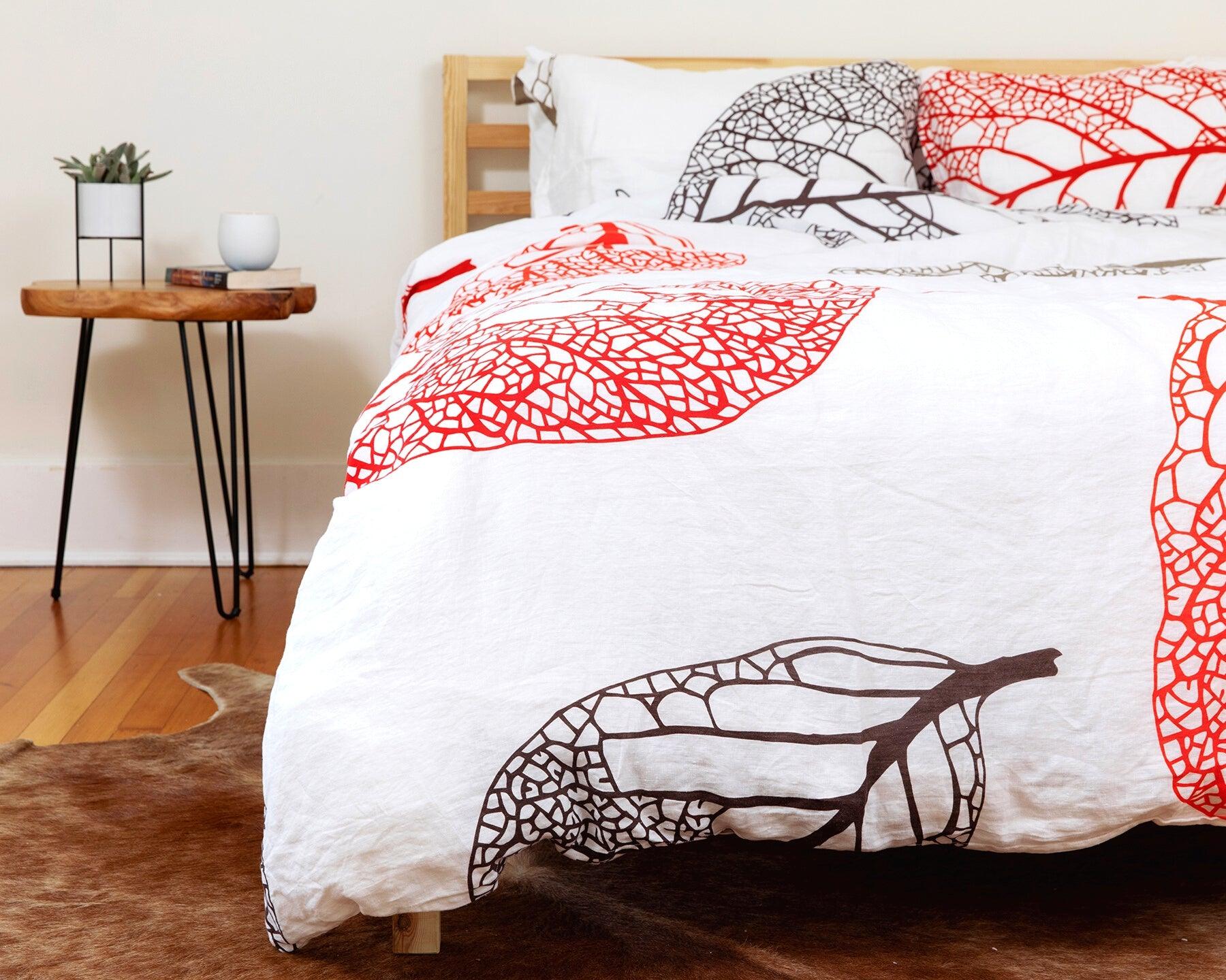 European organic linen duvet cover with two matching pillow cases fall leaves design
